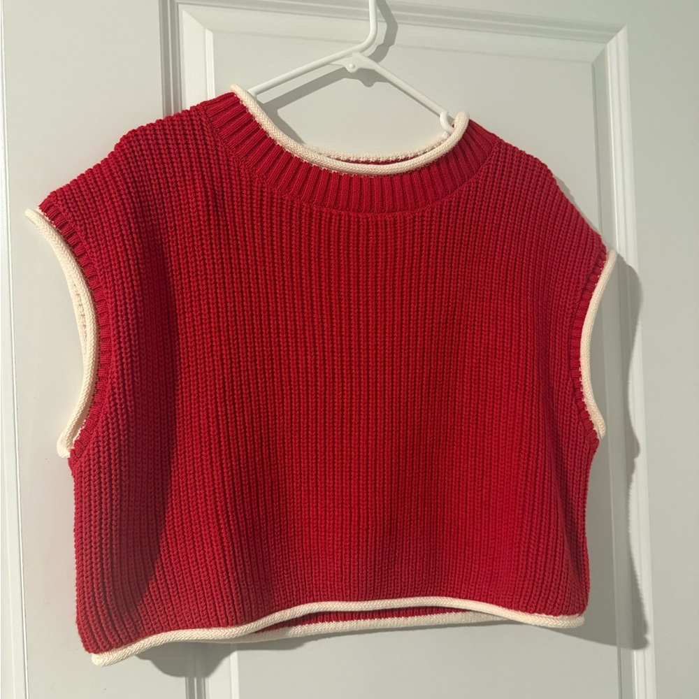 Red Knit Top with Cream Trim